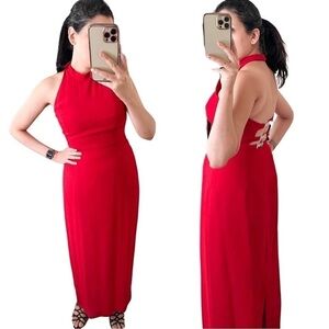 CACHE Halter Neck Rhinestone Maxi Evening Dress Red Size 10